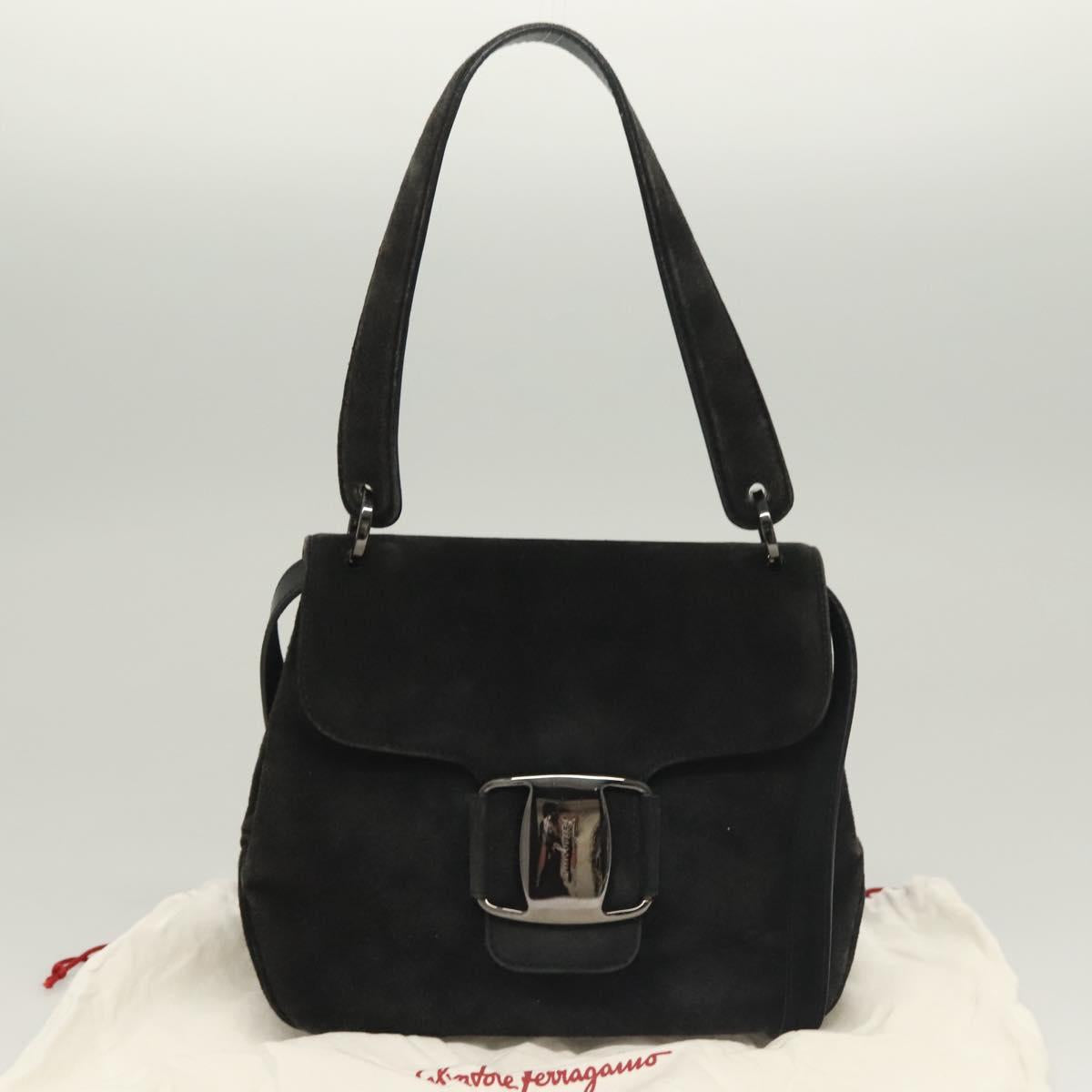 Salvatore Ferragamo Hand Bag Suede Black Silver Auth sw1146