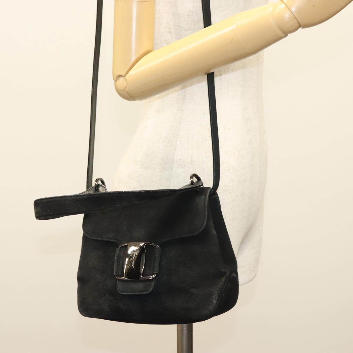 Salvatore Ferragamo Hand Bag Suede Black Silver Auth sw1146