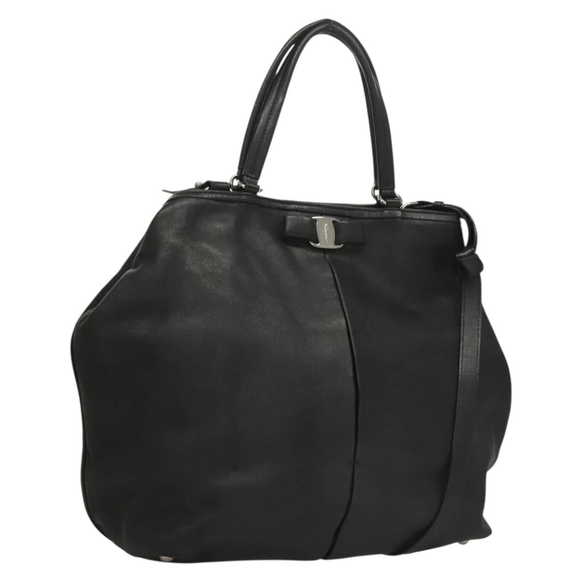Salvatore Ferragamo Hand Bag Leather 2way Black Silver Auth sw1160