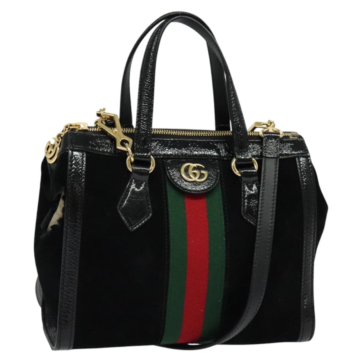 GUCCI Web Sherry Line Hand Bag Suede 2way Black Gold 547551 Auth sw1189