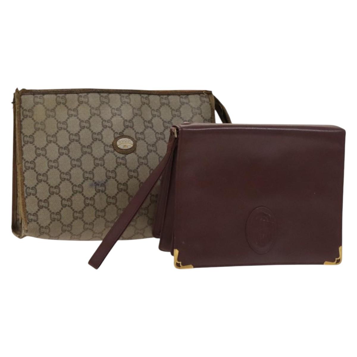 GUCCI Cartier GG Supreme Clutch Bag Leather PVC 2Set Beige Bordeaux Auth sw1201