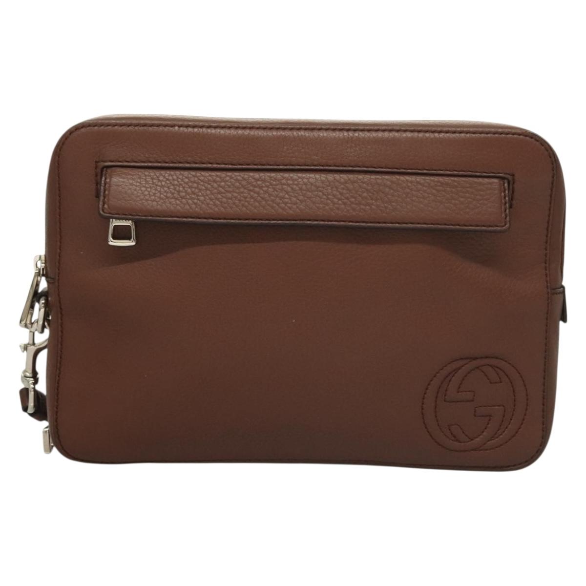 GUCCI Clutch Bag Leather Brown Silver 337083 Auth sw1217