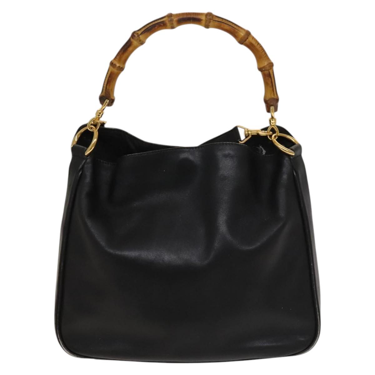 GUCCI Bamboo Hand Bag Leather 2way Black Gold 001 2113 1638 Auth sw1235