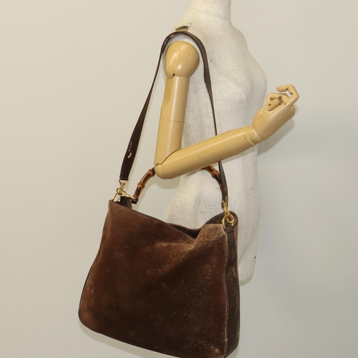 GUCCI Hand Bag Suede 2way Brown Gold 001 1014 1577 Auth sw1243