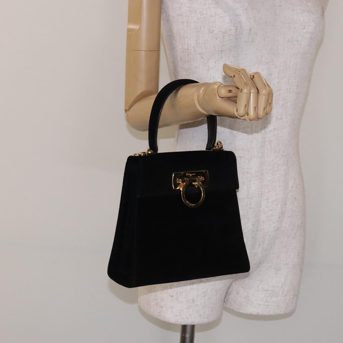 Salvatore Ferragamo Hand Bag Suede Black Gold Auth sw1248