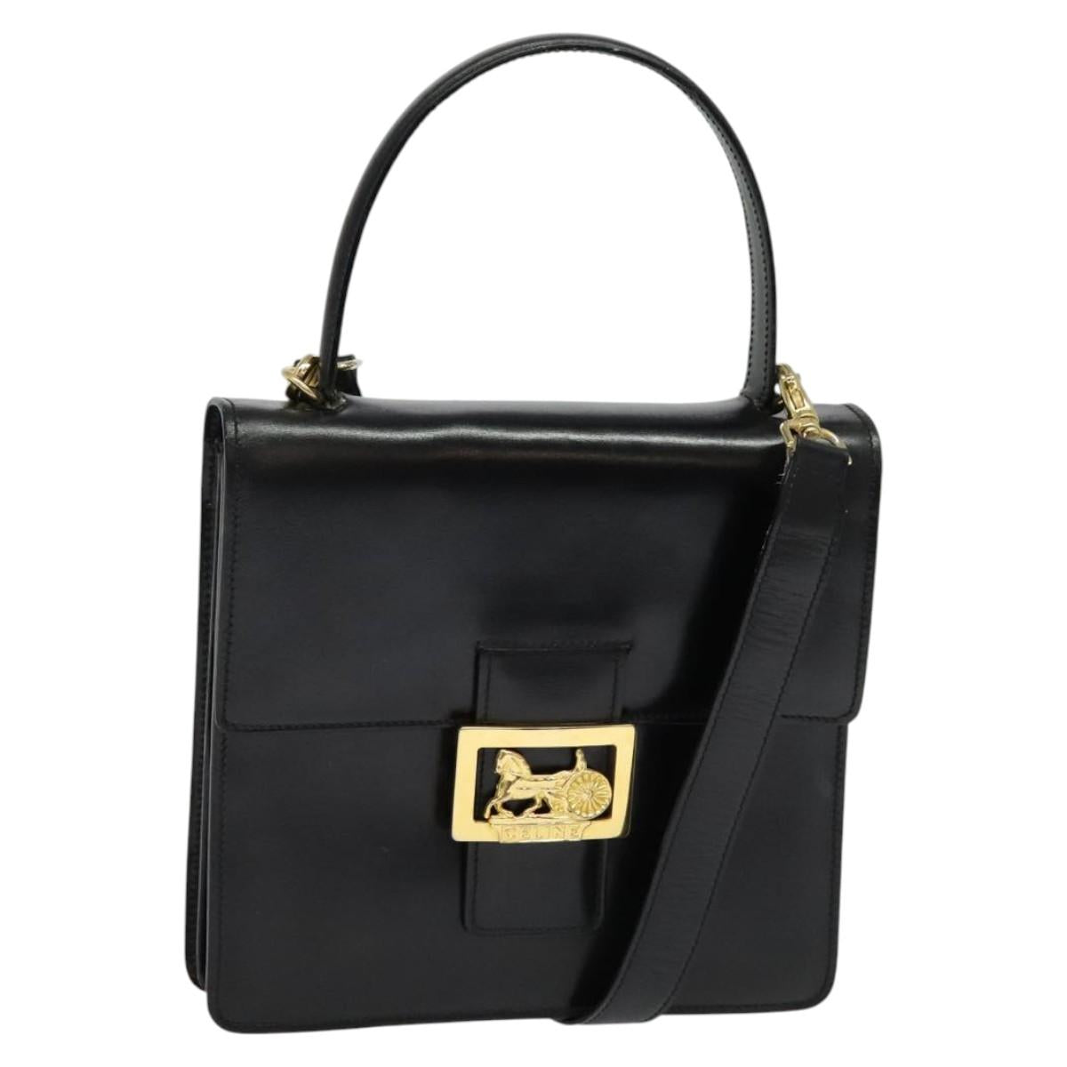 CELINE Hand Bag Leather 2way Black Gold Auth sw1250