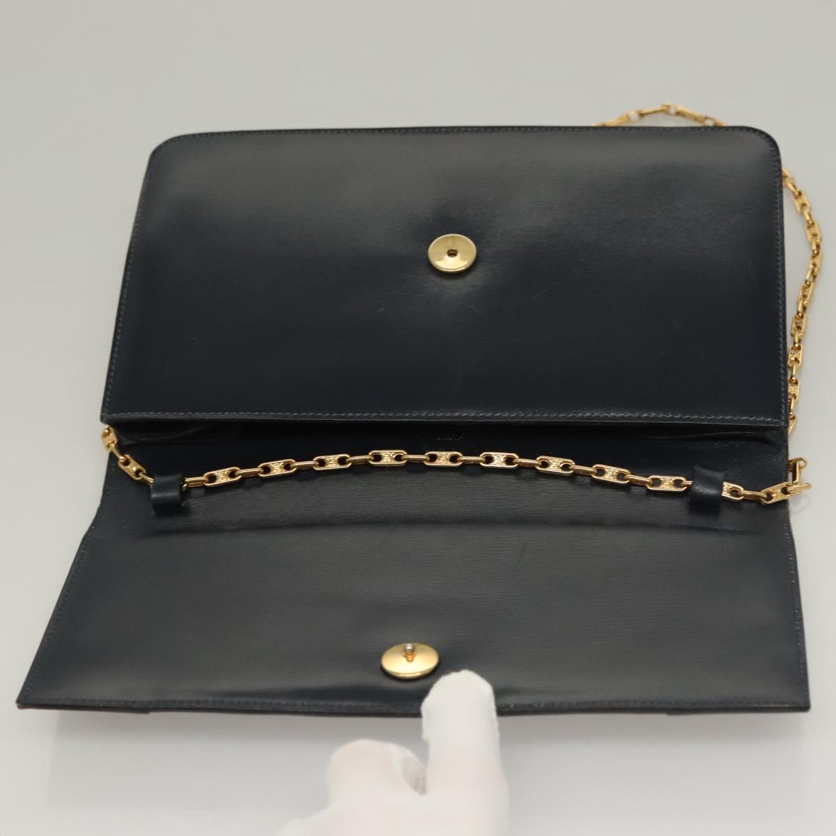 CELINE Chain Hand Bag Leather Navy Gold Auth sw1259