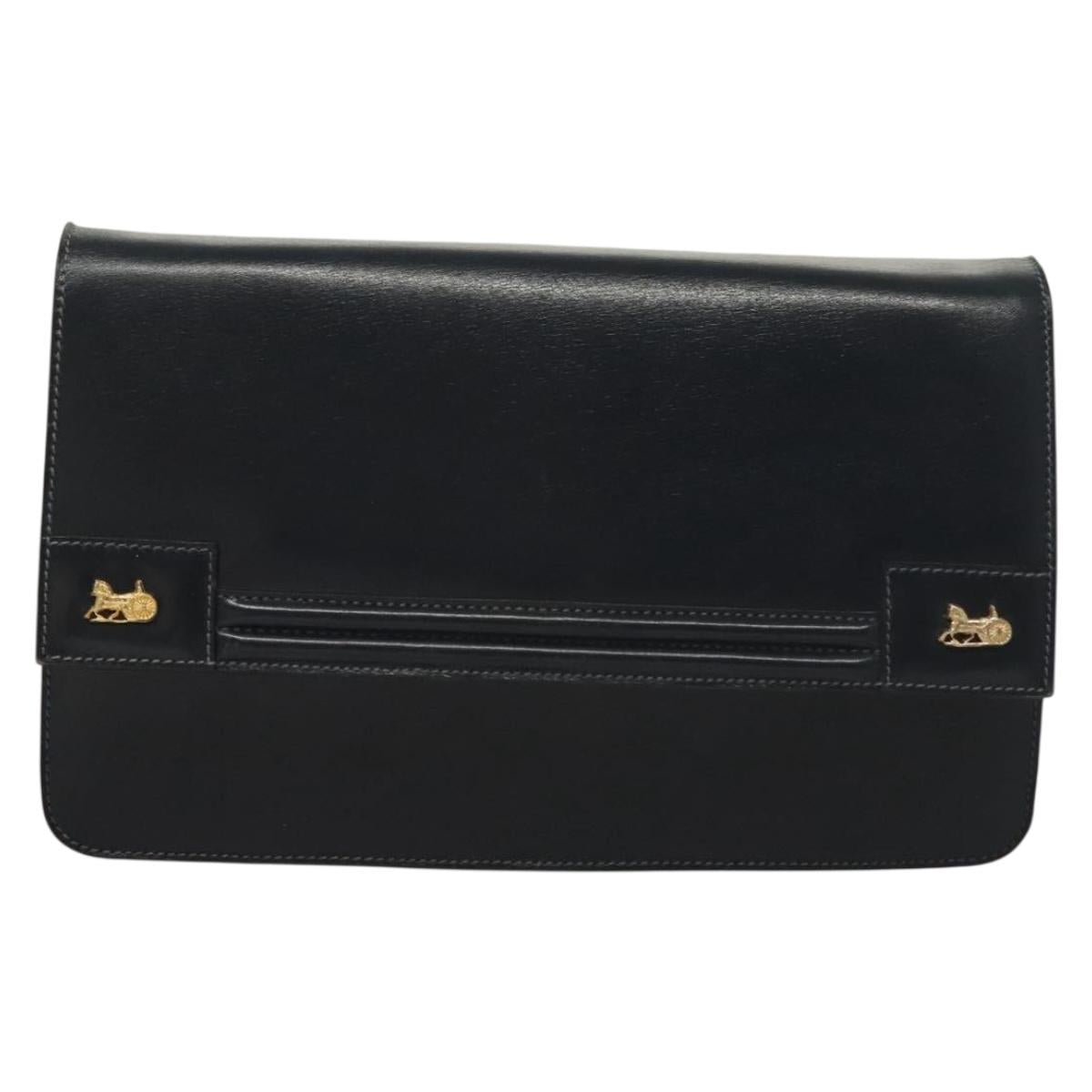 CELINE Chain Hand Bag Leather Navy Gold Auth sw1259