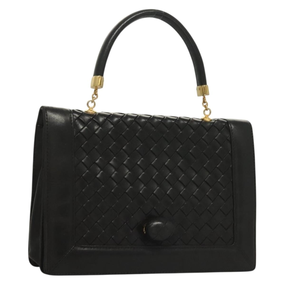 BOTTEGA VENETA INTRECCIATO Hand Bag Leather Black Gold Auth sw1261