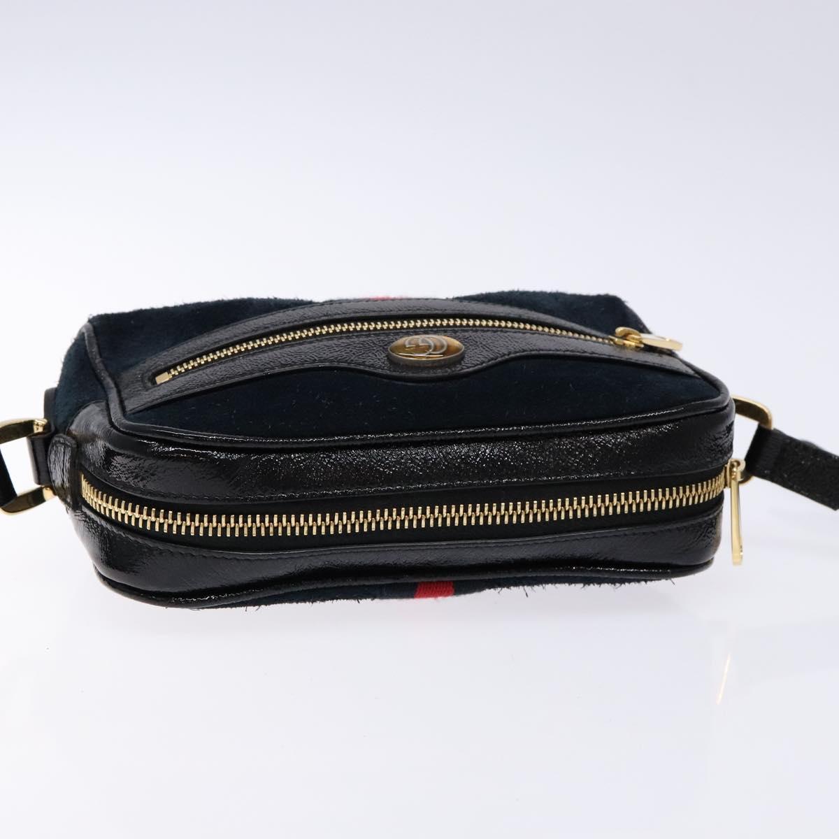 GUCCI Sherry Line Shoulder Bag Suede Navy Gold 517350 Auth sw1285