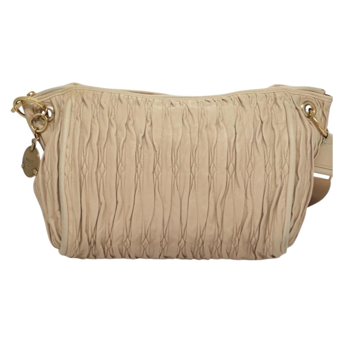 BALLY Shoulder Bag Leather Beige Gold Auth sw1288
