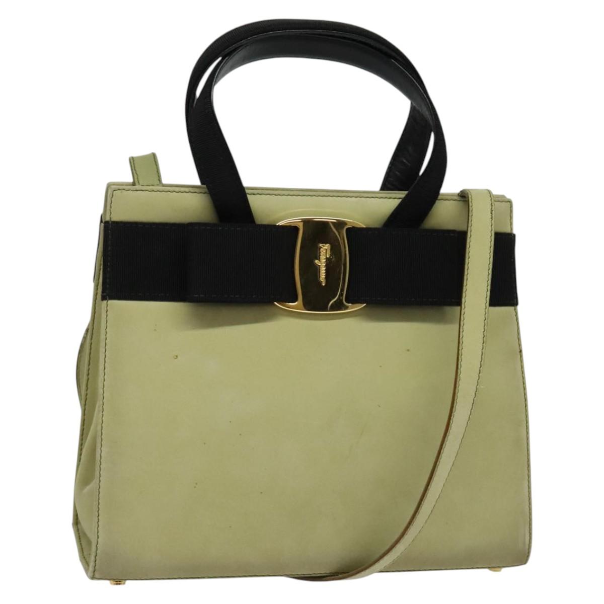 Salvatore Ferragamo Vala Hand Bag Suede 2way Beige Gold Auth sw1296