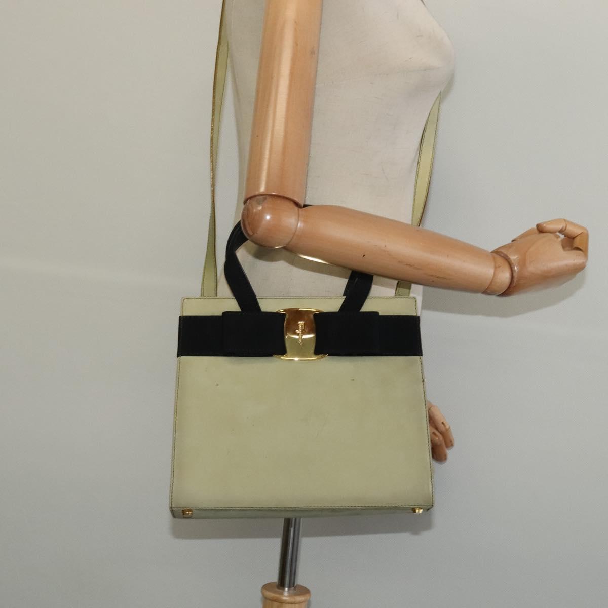 Salvatore Ferragamo Vala Hand Bag Suede 2way Beige Gold Auth sw1296