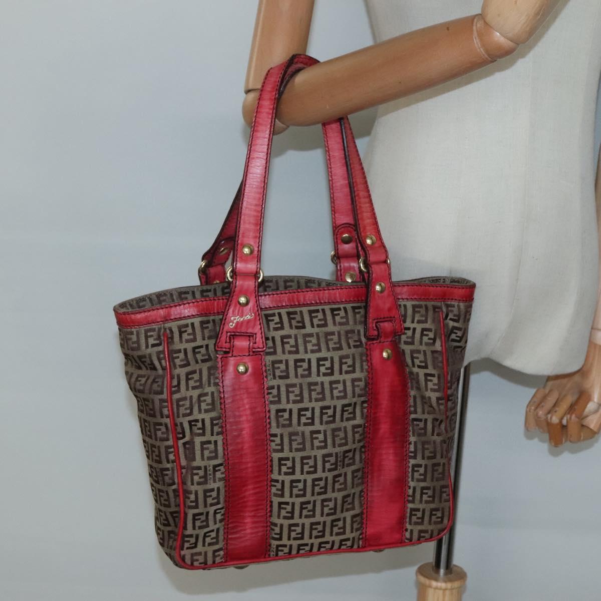 FENDI Zucchino Canvas Tote Bag Beige Gold Auth sw1303