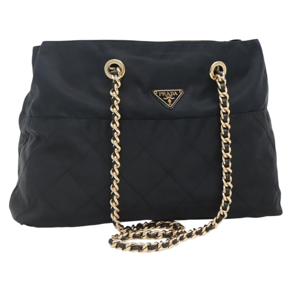 PRADA Chain Shoulder Bag Nylon Navy Gold Auth sw1307