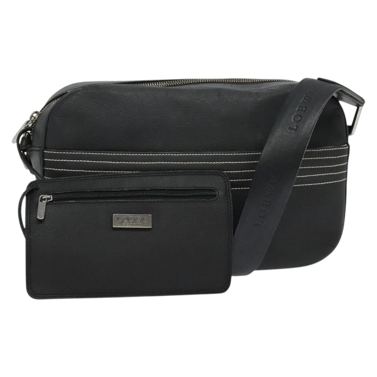 LOEWE Anagram Shoulder Bag Leather Black Silver Auth sw1314