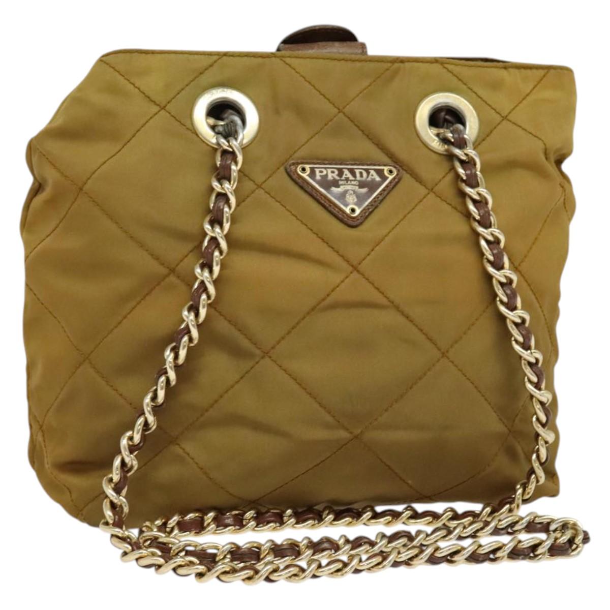 PRADA Chain Shoulder Bag Nylon Brown Silver Auth sw1316