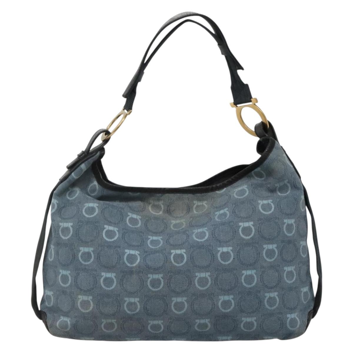 Salvatore Ferragamo Shoulder Bag Canvas Blue Gold Auth sw1326