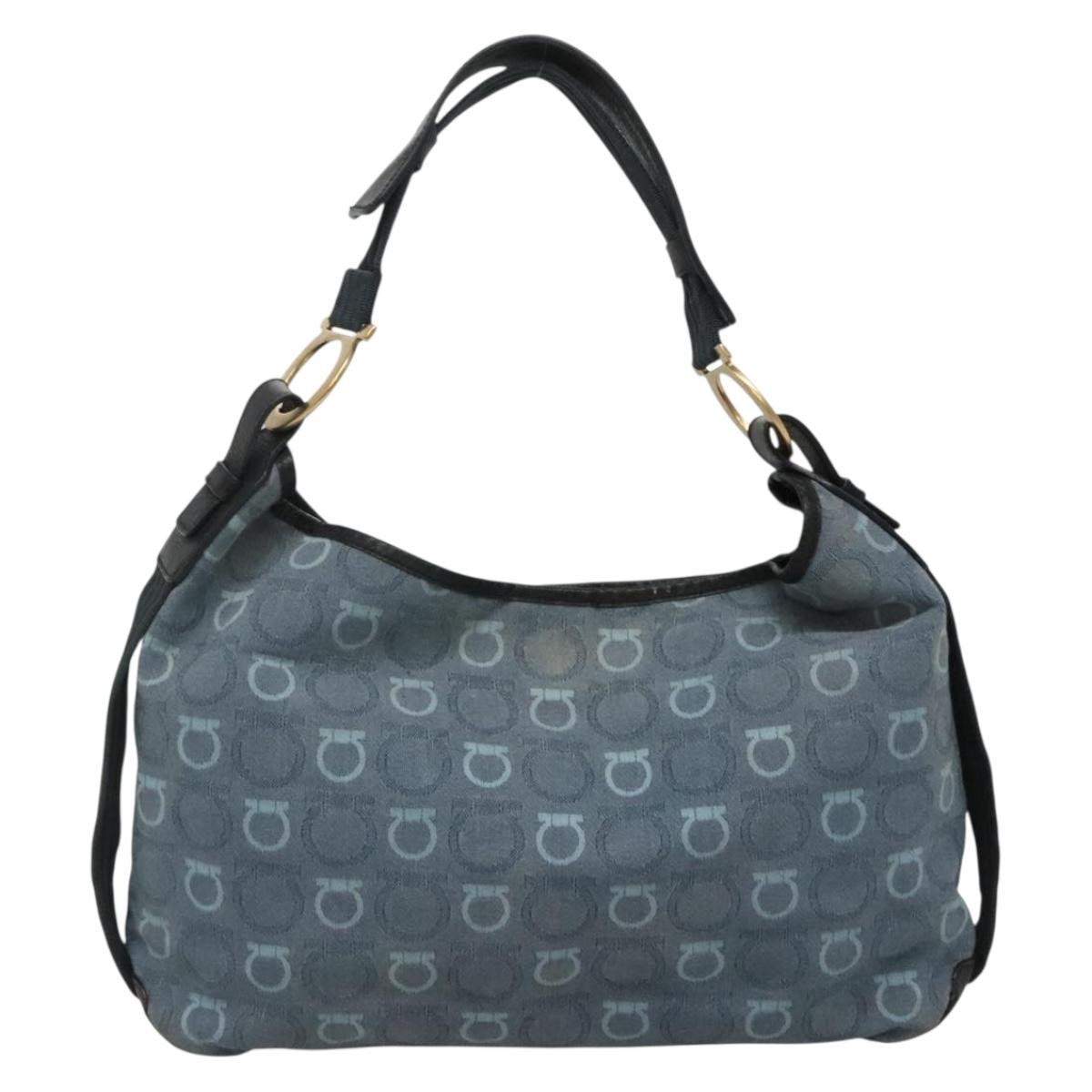 Salvatore Ferragamo Shoulder Bag Canvas Blue Gold Auth sw1326