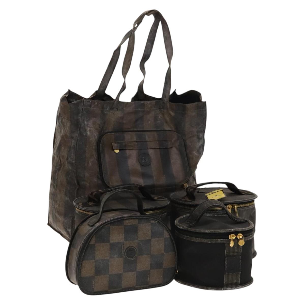 FENDI Pecan Hand Bag Nylon Canvas 5 Set Black Brown Auth sw1363