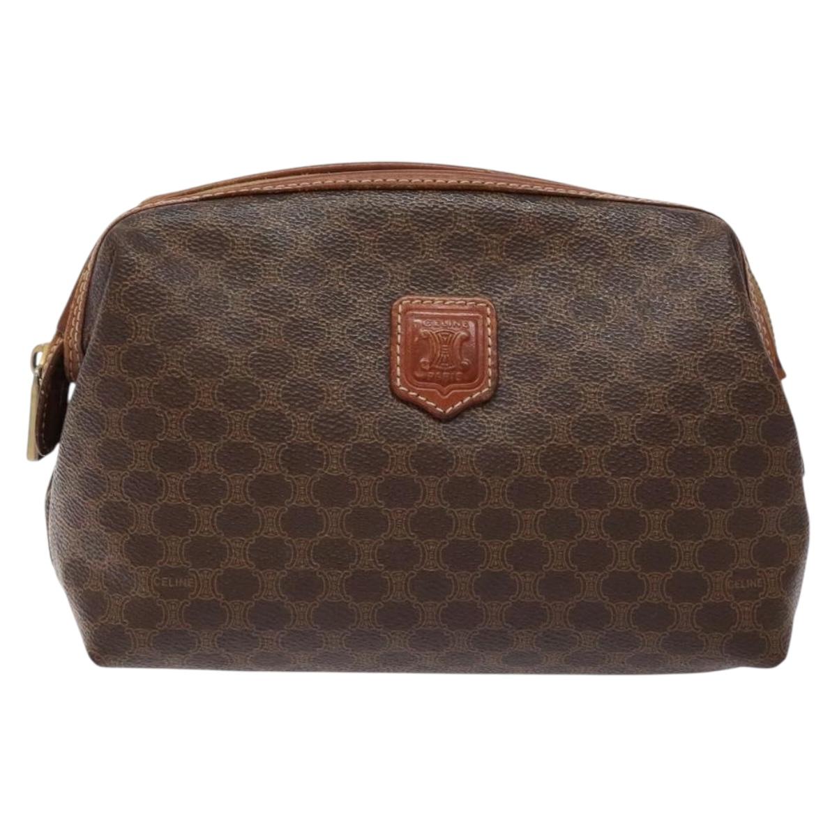CELINE Macadam Canvas Pouch PVC Leather Brown Gold Auth sw1444