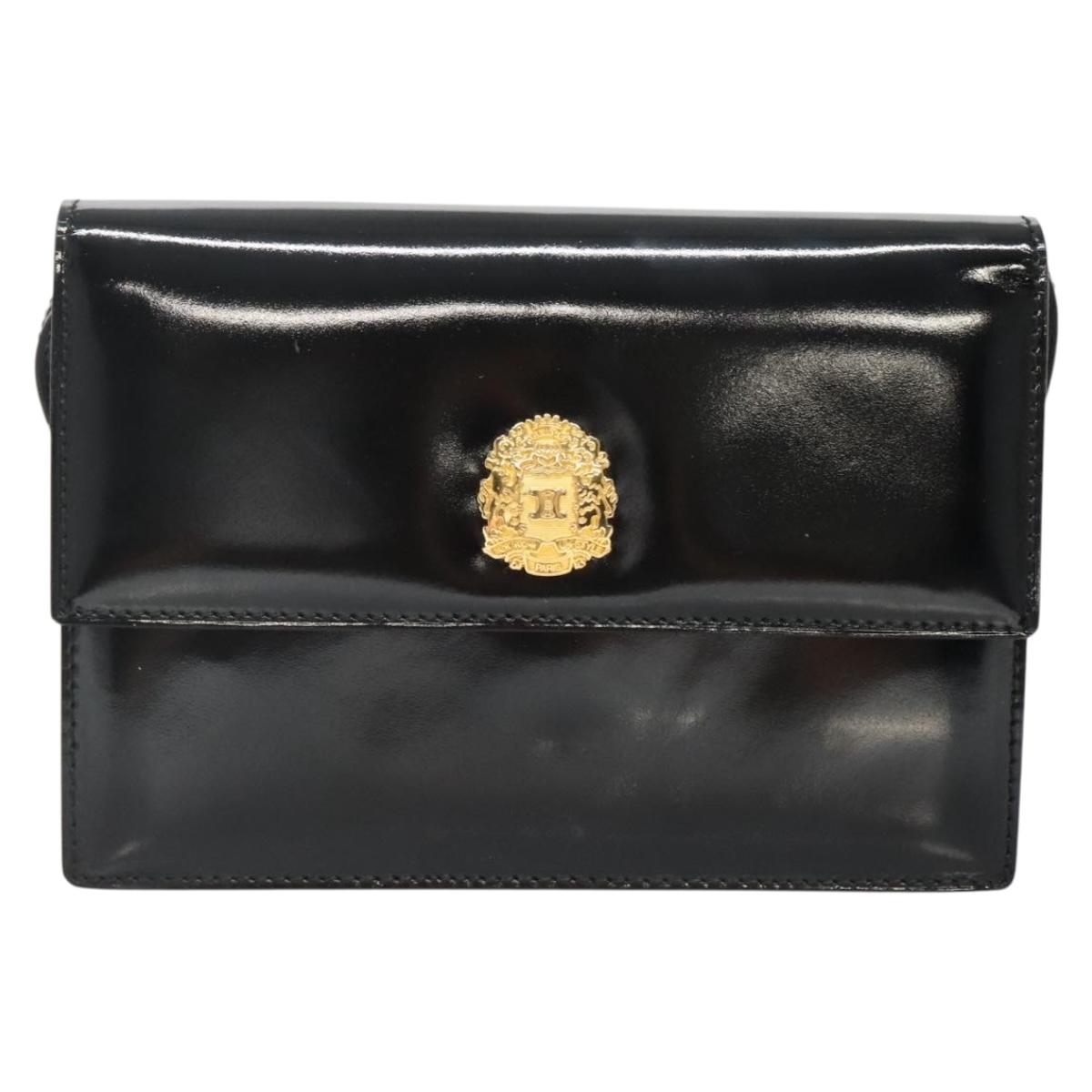 CELINE Shoulder Bag Enamel Black Gold Auth SW1458