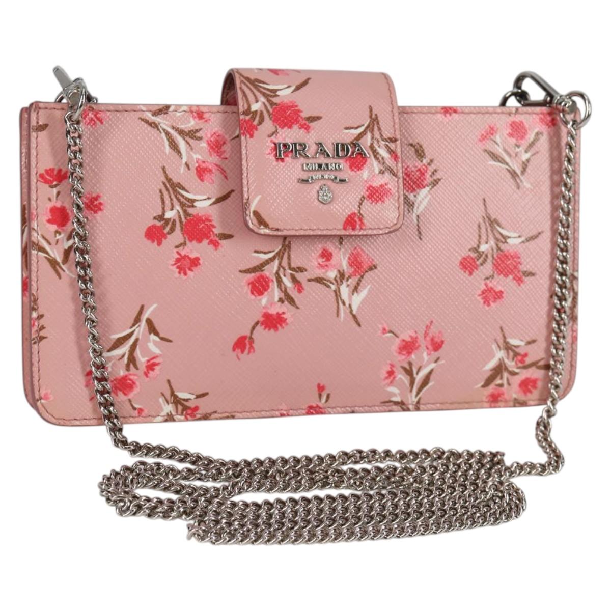 PRADA Chain Phone Case Leather Pink Silver Auth SW1495V