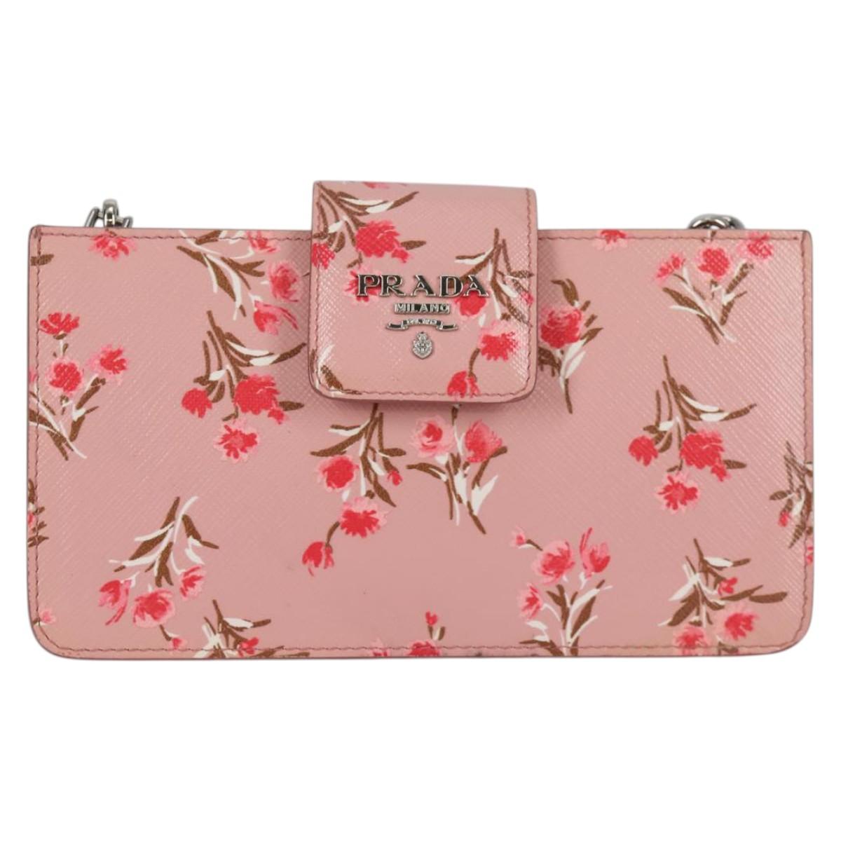 PRADA Chain Phone Case Leather Pink Silver Auth SW1495V