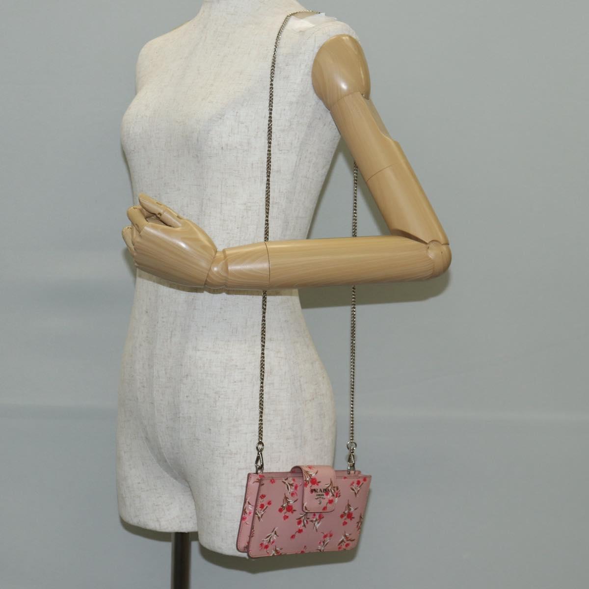 PRADA Chain Phone Case Leather Pink Silver Auth SW1495V