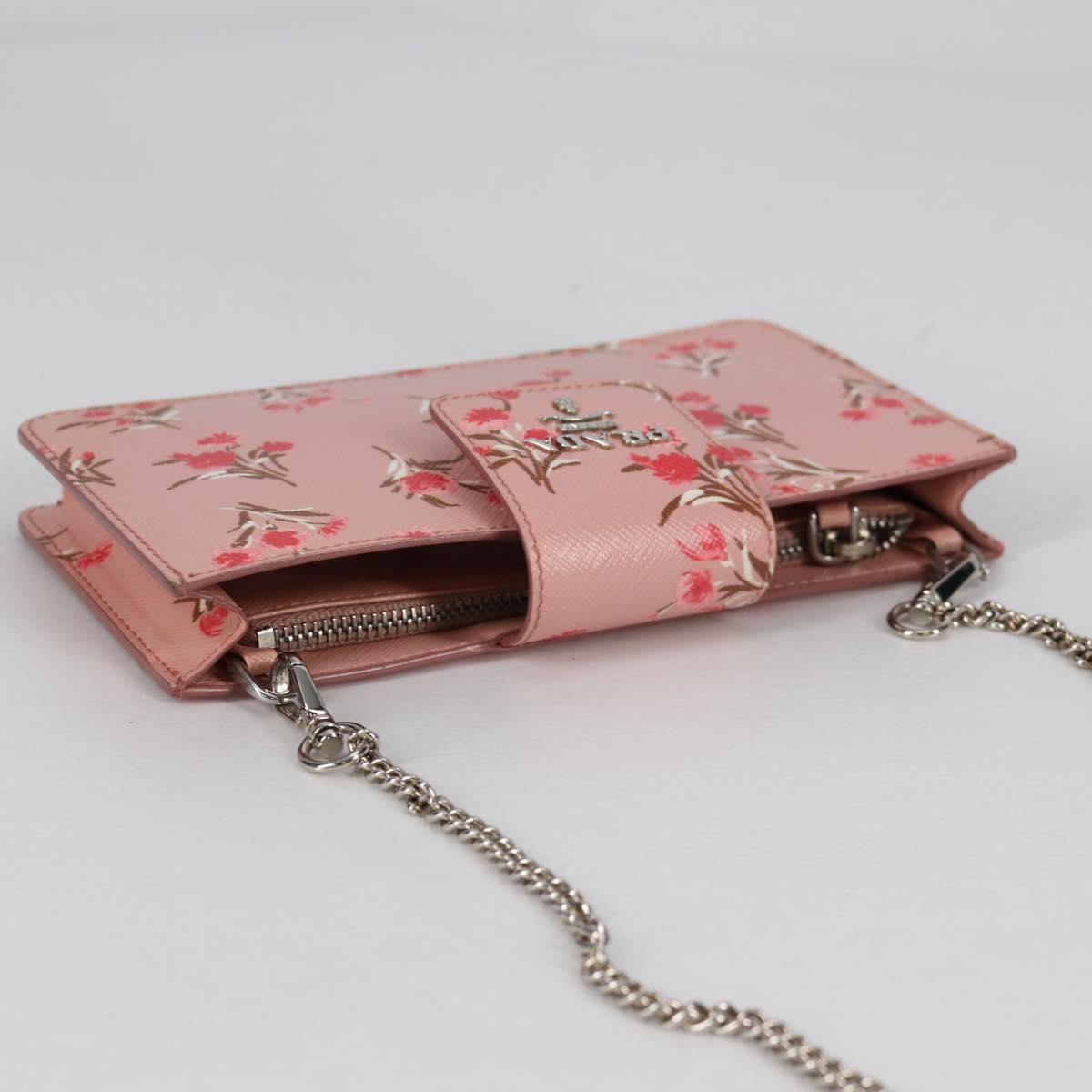 PRADA Chain Phone Case Leather Pink Silver Auth SW1495V