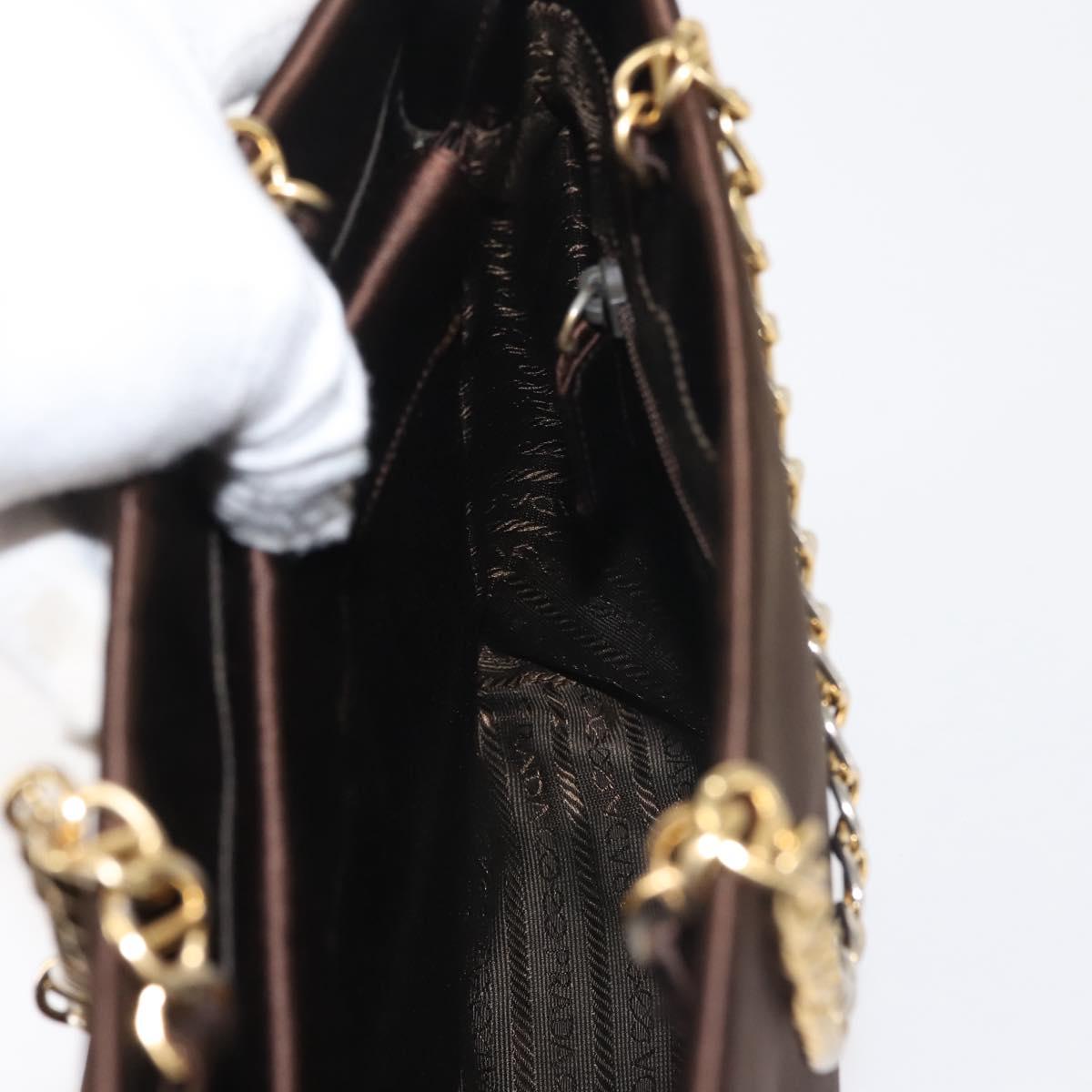 PRADA Chain Hand Bag Satin Brown Gold Auth SW1527