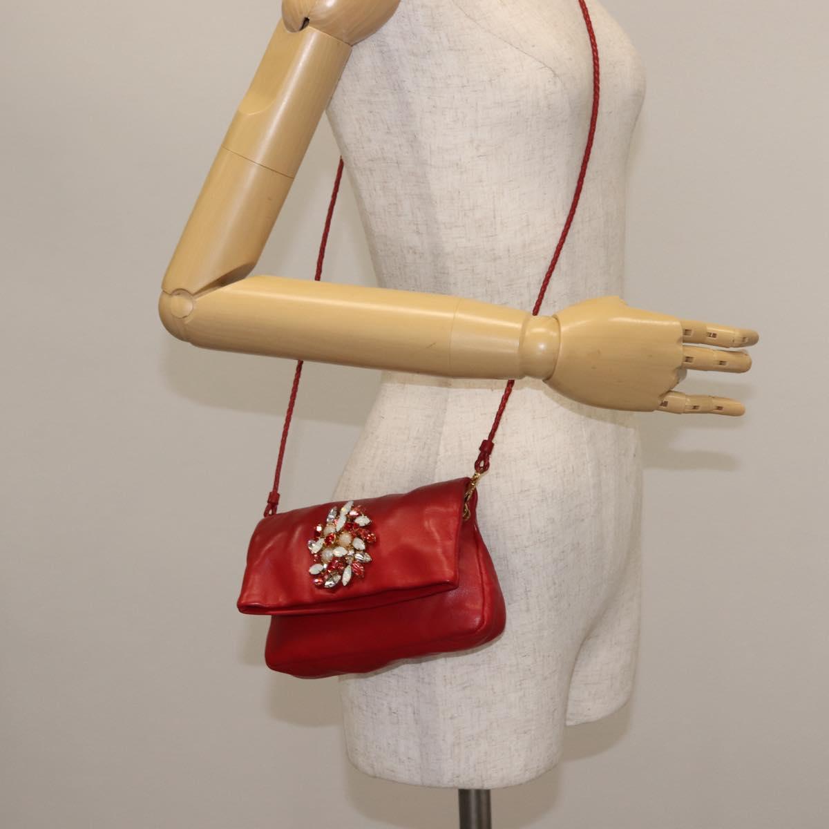Miu Miu Bijoux Shoulder Bag Leather Red Gold Auth SW1539