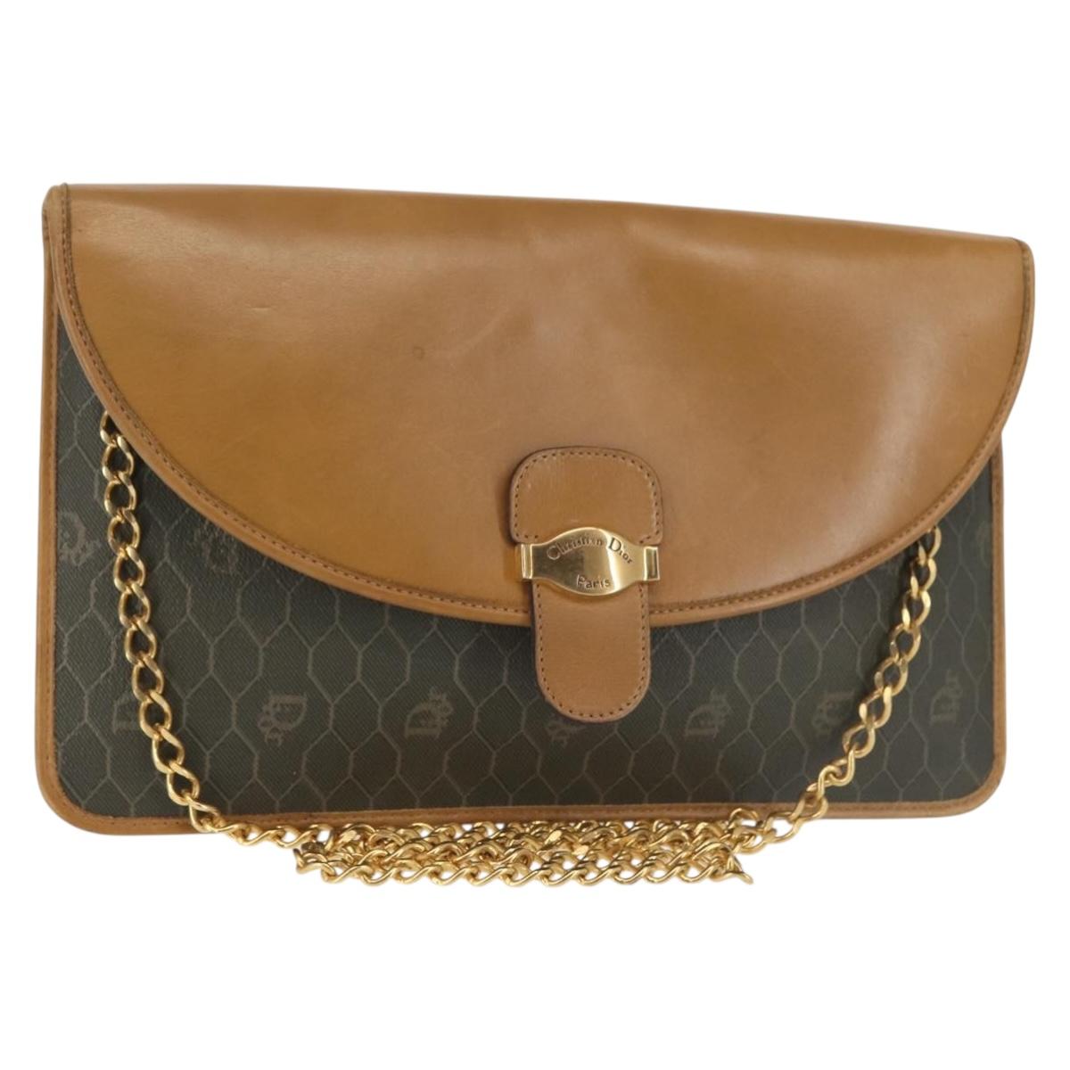 Christian Dior Honeycomb Canvas Chain Shoulder Bag PVC Brown Gold Auth SW1555
