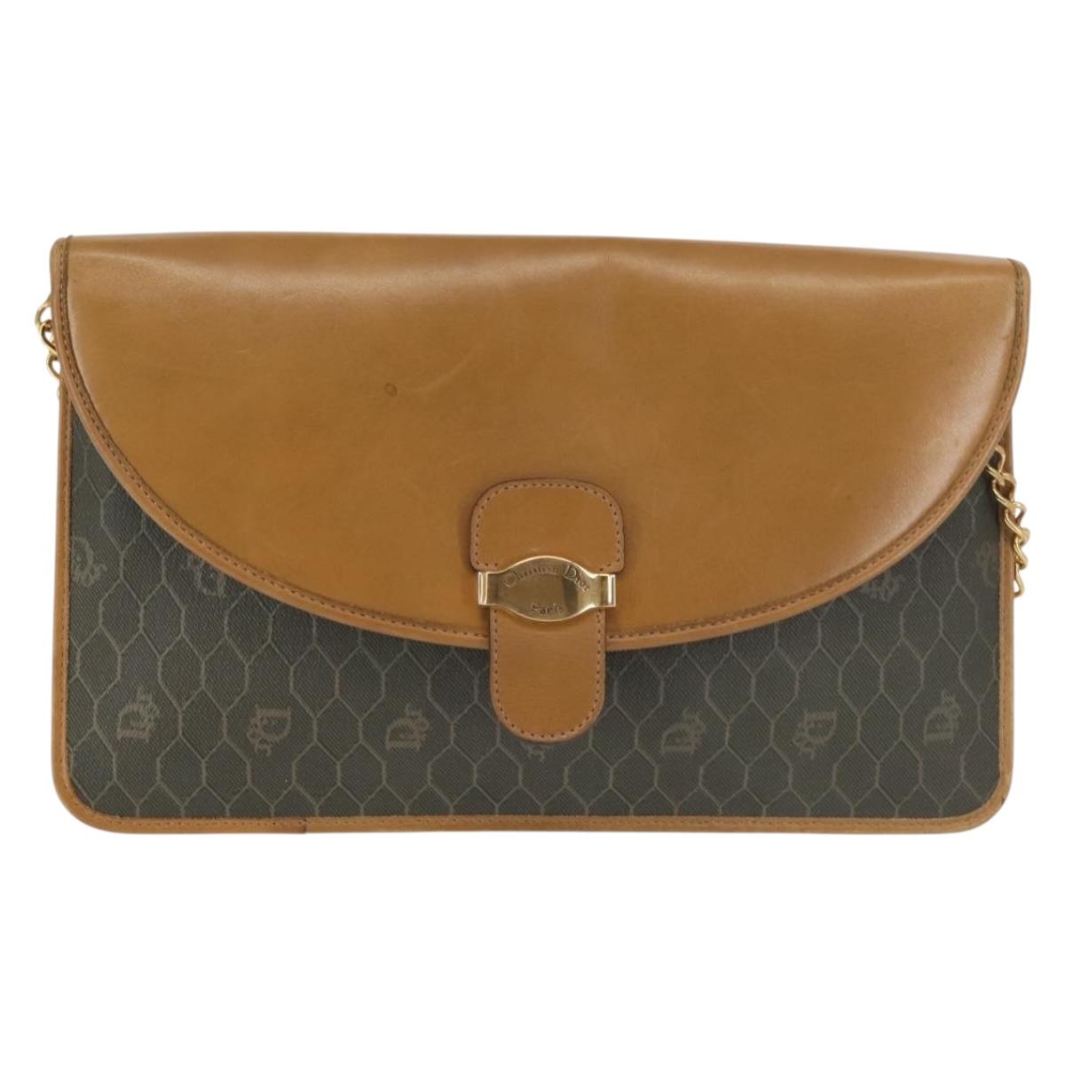 Christian Dior Honeycomb Canvas Chain Shoulder Bag PVC Brown Gold Auth SW1555