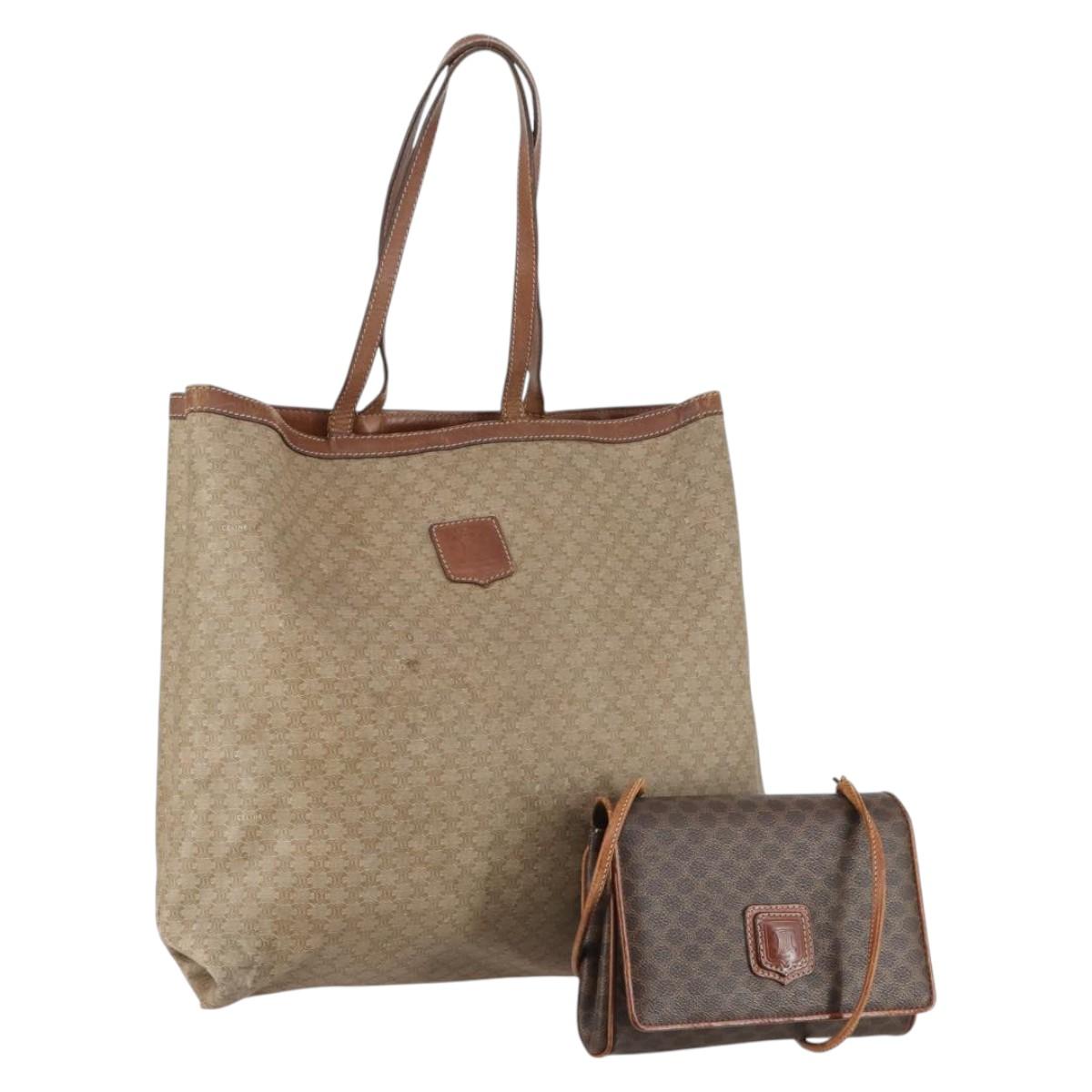 CELINE Macadam Canvas Shoulder Bag PVC Leather 2 Set Brown Beige Auth SW1565