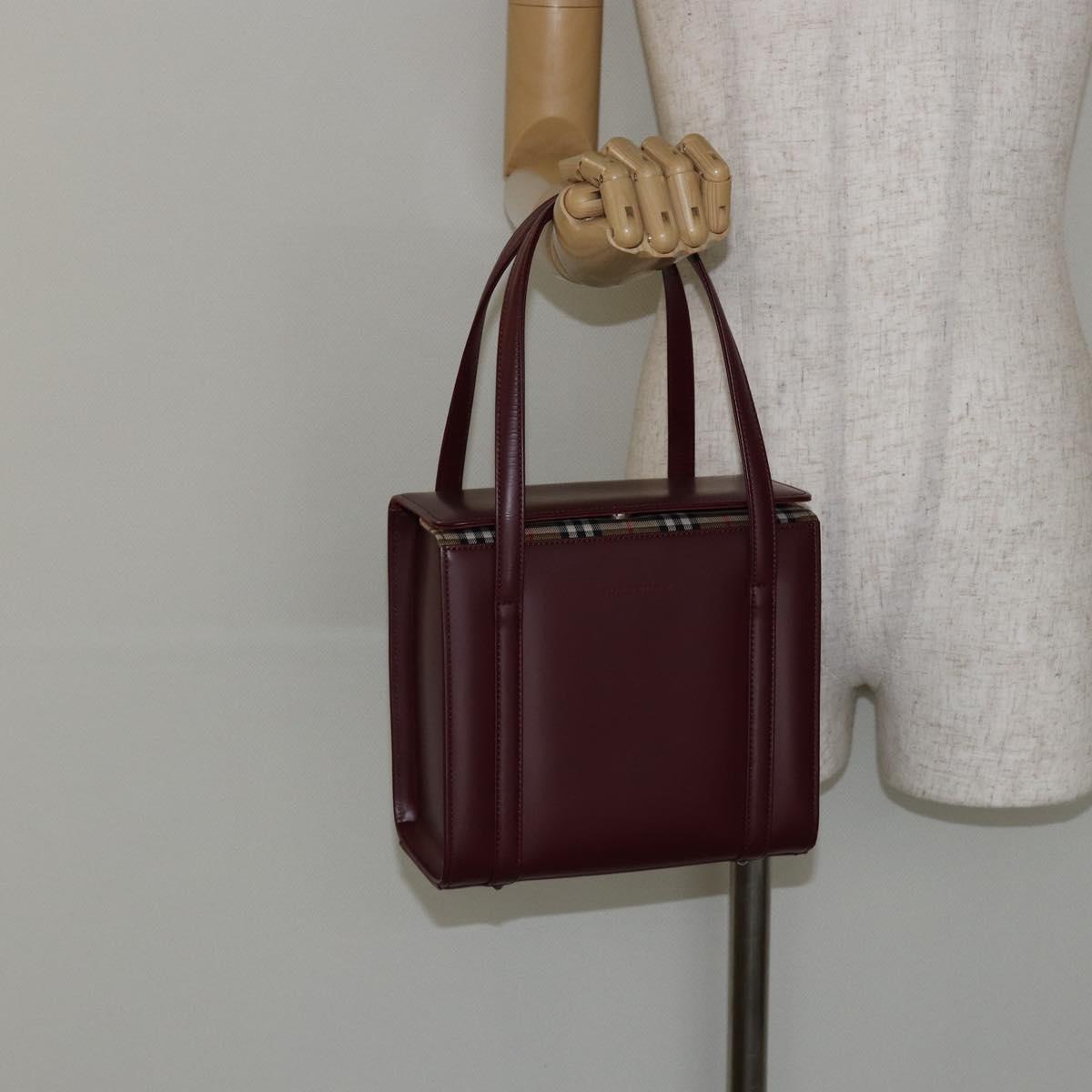 BURBERRY Hand Bag Leather Bordeaux Silver Auth sw1572
