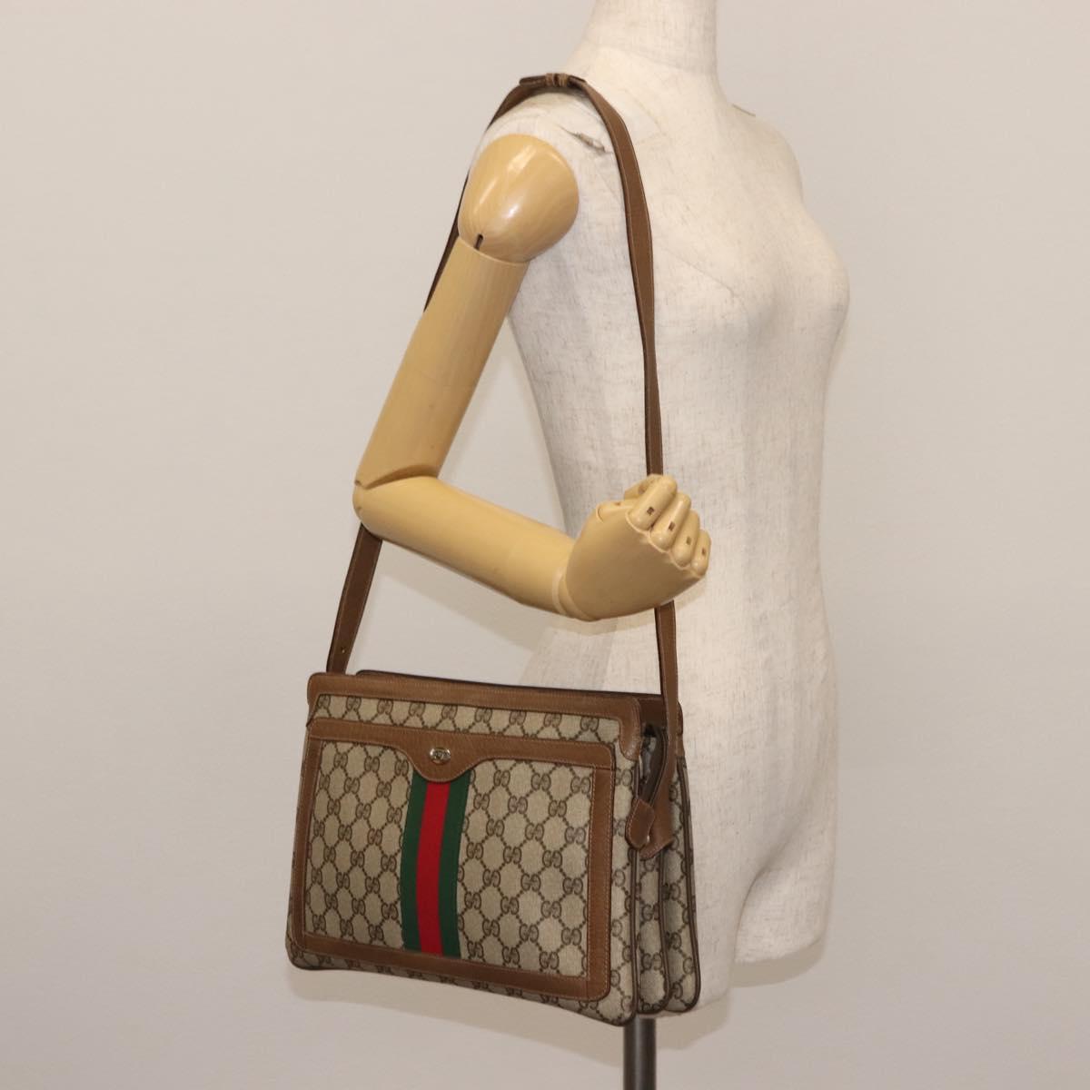GUCCI GG Canvas Web Sherry Line Shoulder Bag PVC Leather Beige Red Auth sw1584