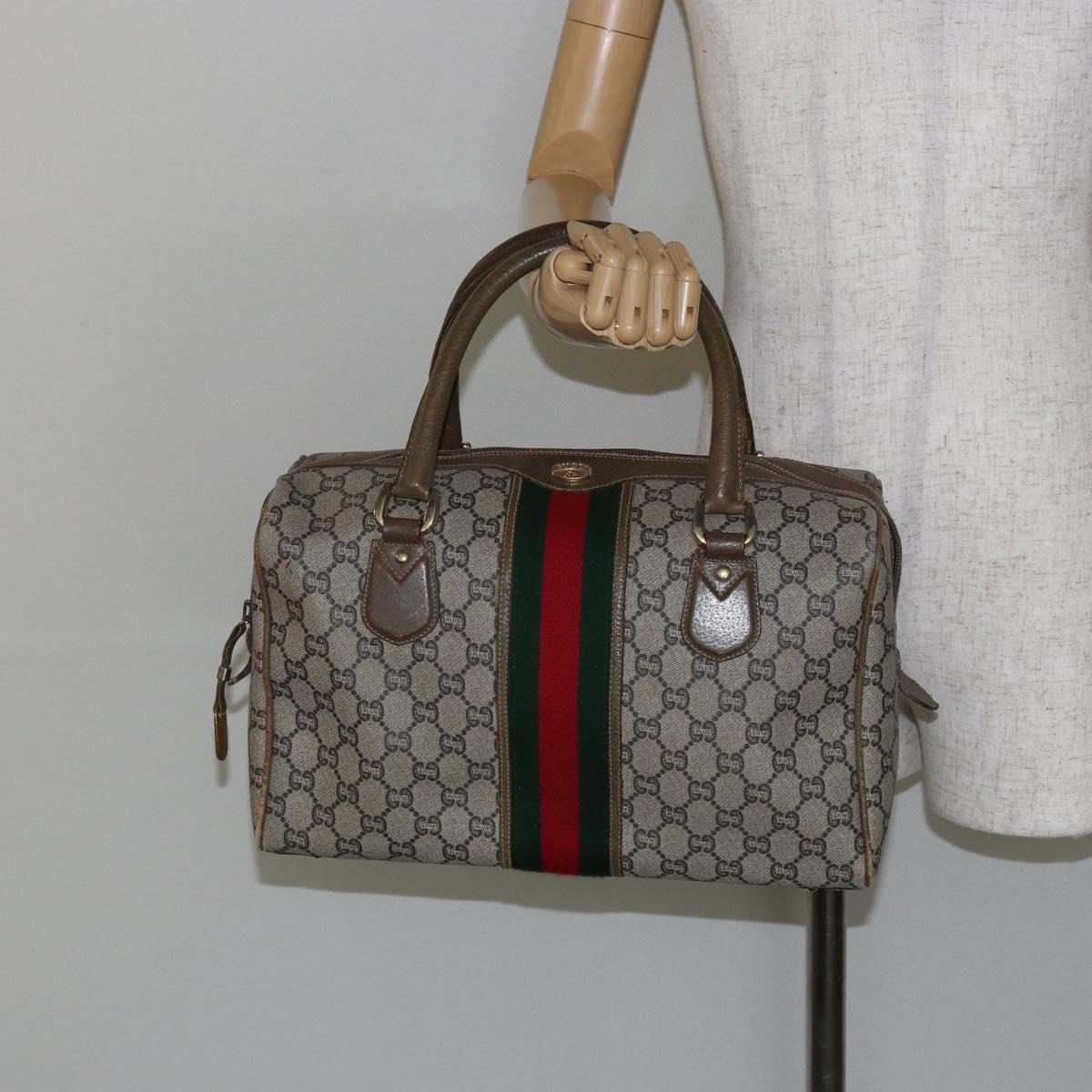 GUCCI GG PLUS Canvas Web Sherry Line Boston Bag PVC Beige Green Red Auth sw1585