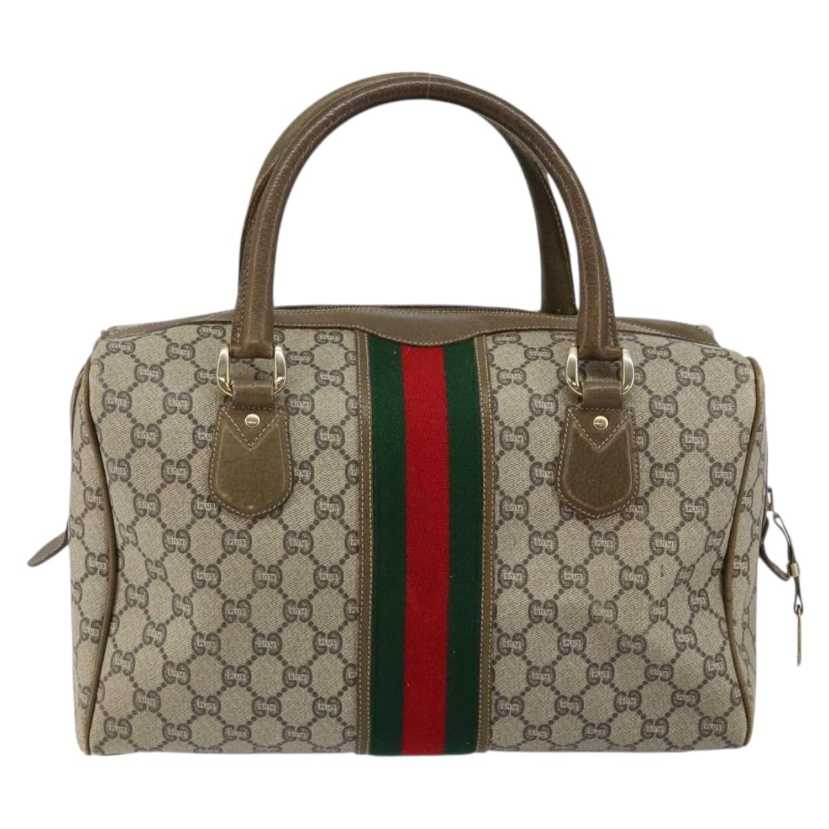 GUCCI GG PLUS Canvas Web Sherry Line Boston Bag PVC Beige Green Red Auth sw1585