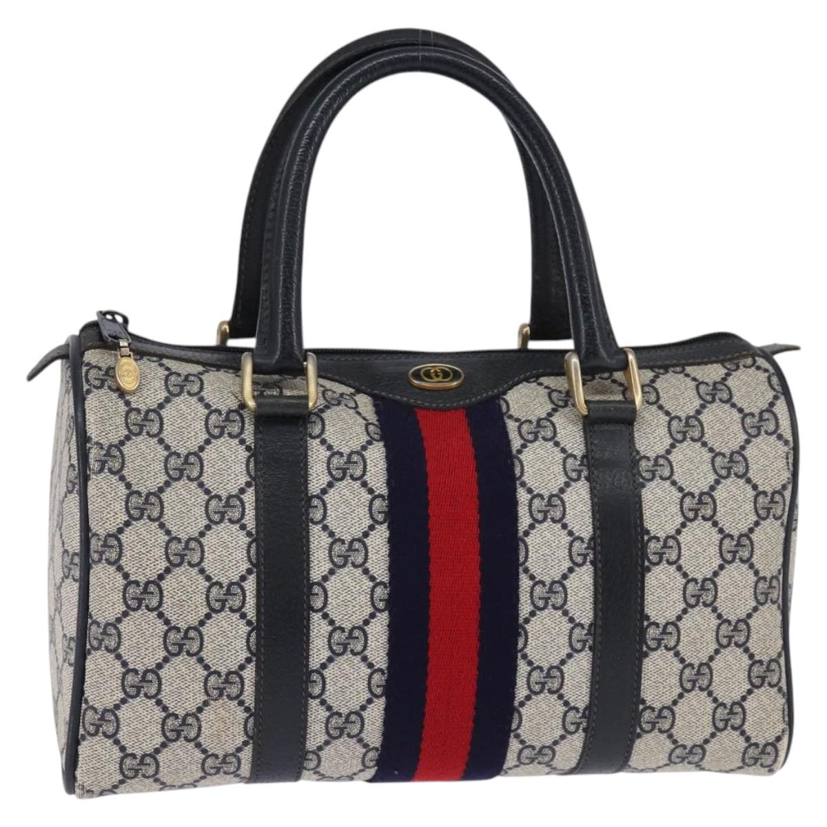 GUCCI GG Supreme Sherry Line Boston Bag PVC Navy Gold 69 02 006 Auth sw1592