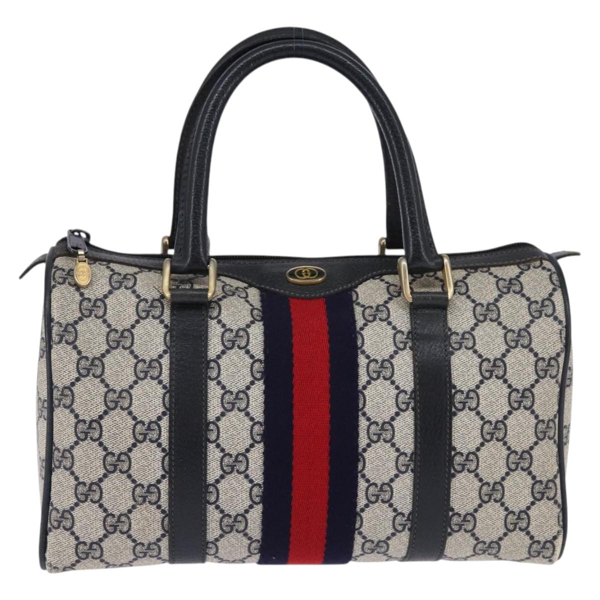 GUCCI GG Supreme Sherry Line Boston Bag PVC Navy Gold 69 02 006 Auth sw1592