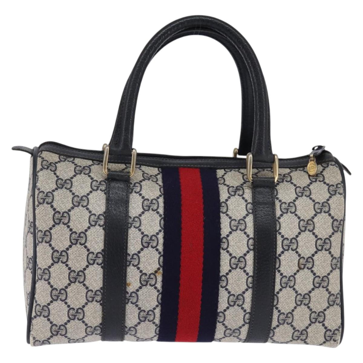 GUCCI GG Supreme Sherry Line Boston Bag PVC Navy Gold 69 02 006 Auth sw1592
