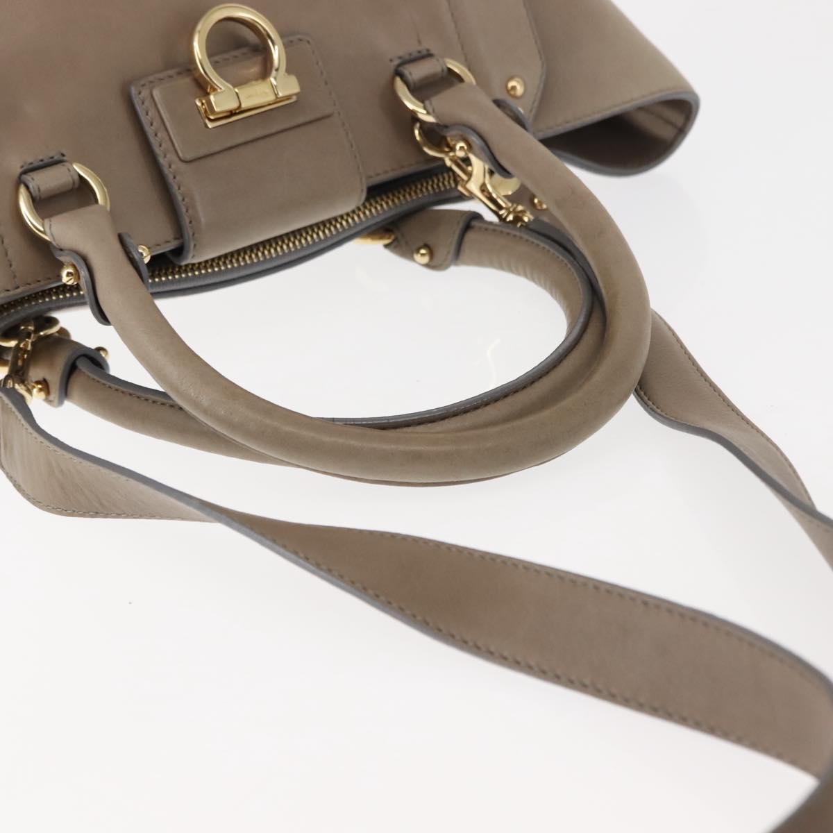 Salvatore Ferragamo Gancini Hand Bag Leather 2way Beige Gold Auth sw1593