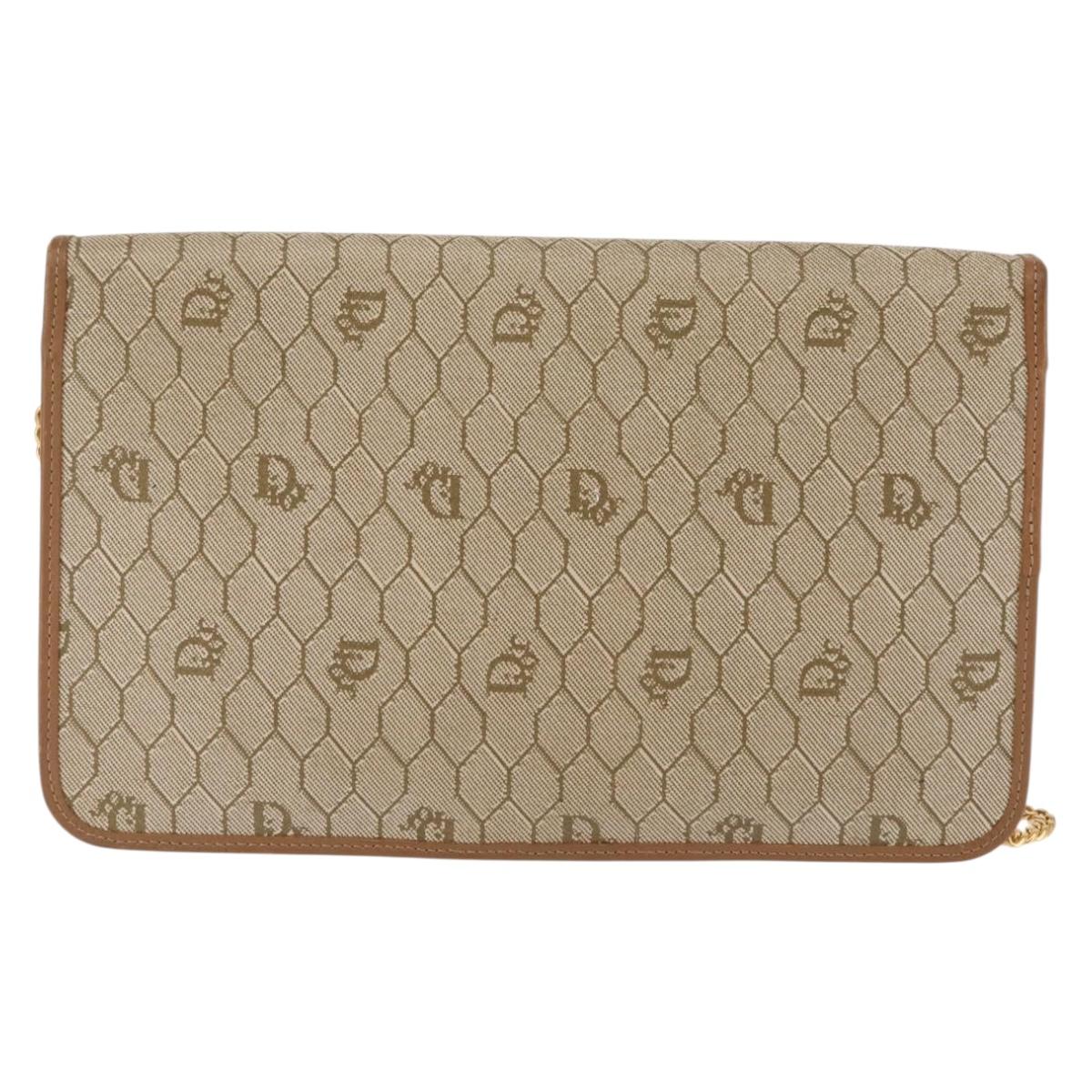 Christian Dior Honeycomb Canvas Chain Shoulder Bag PVC Leather Beige Auth sw1596