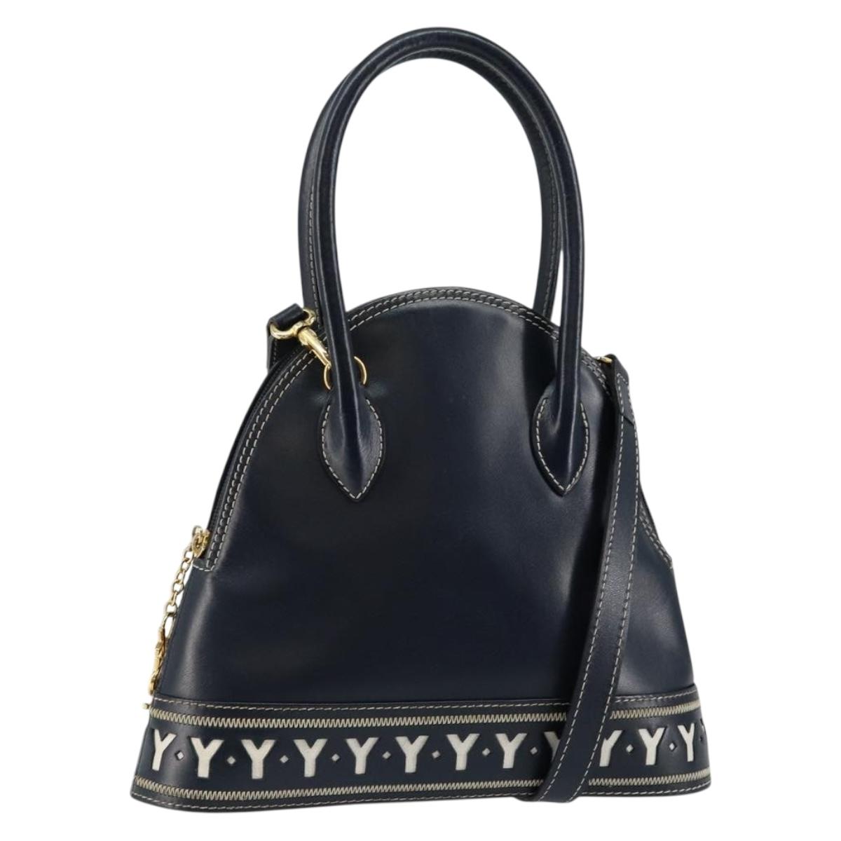 SAINT LAURENT Y Motif Hand Bag Leather 2way Navy Gold Auth sw1605