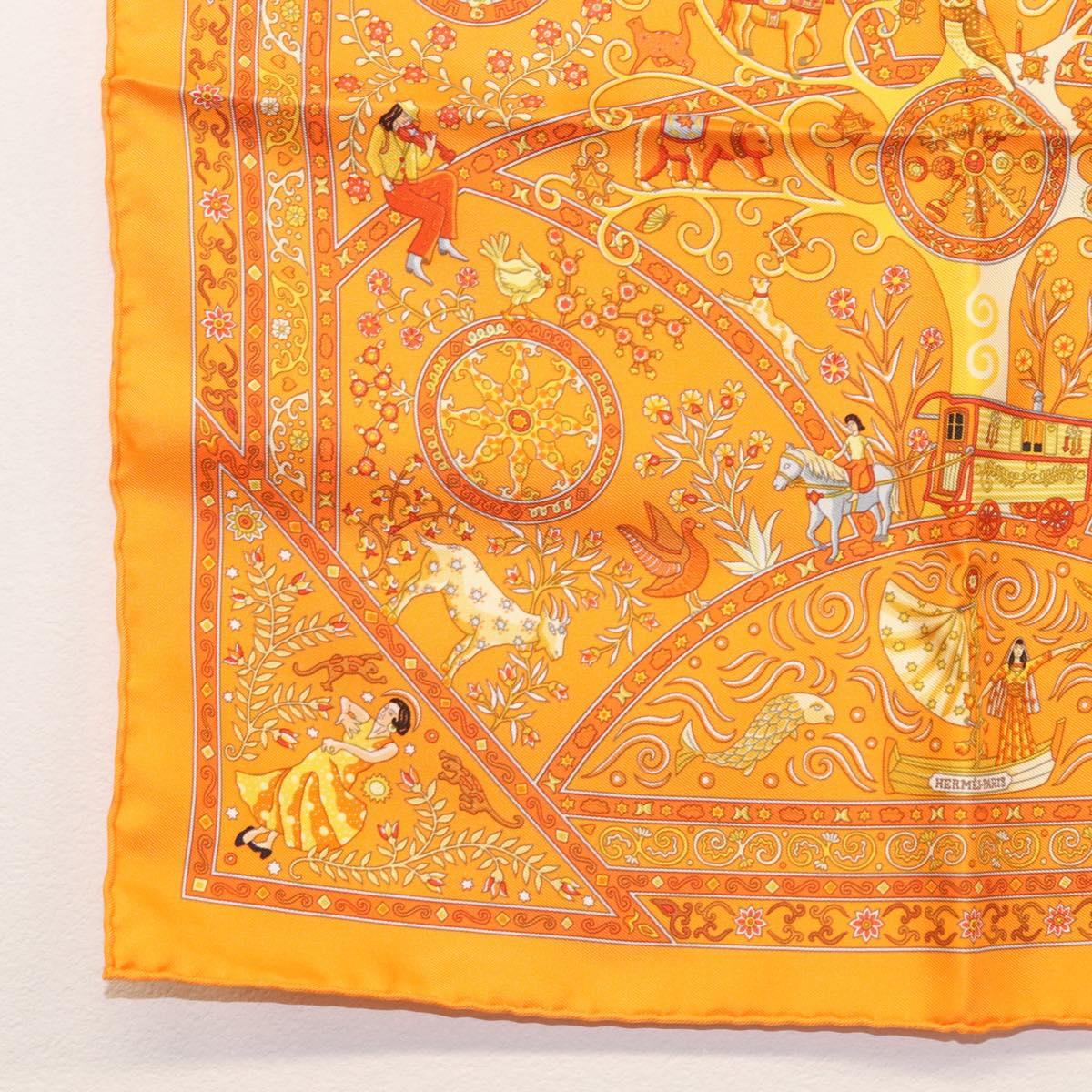 HERMES Gavroche 45 Scarf ""Peuple du Vent"" Silk Orange Auth sw1607
