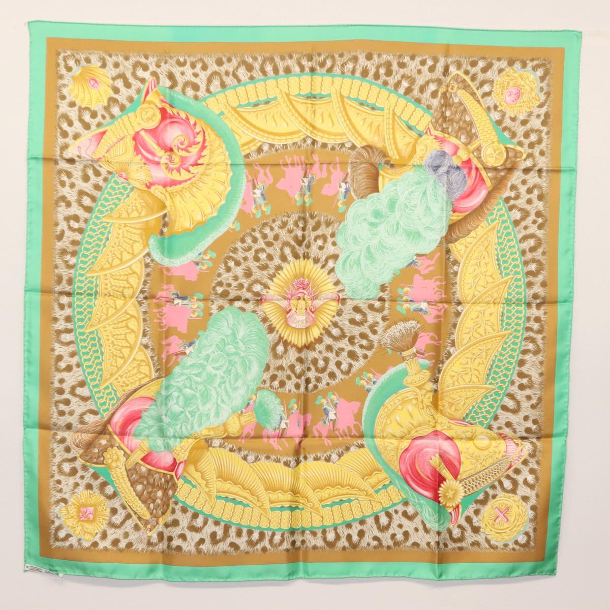 HERMES Carre 90 Scarf ""CASQUES et PLUMETS"" Silk Green Auth sw1609
