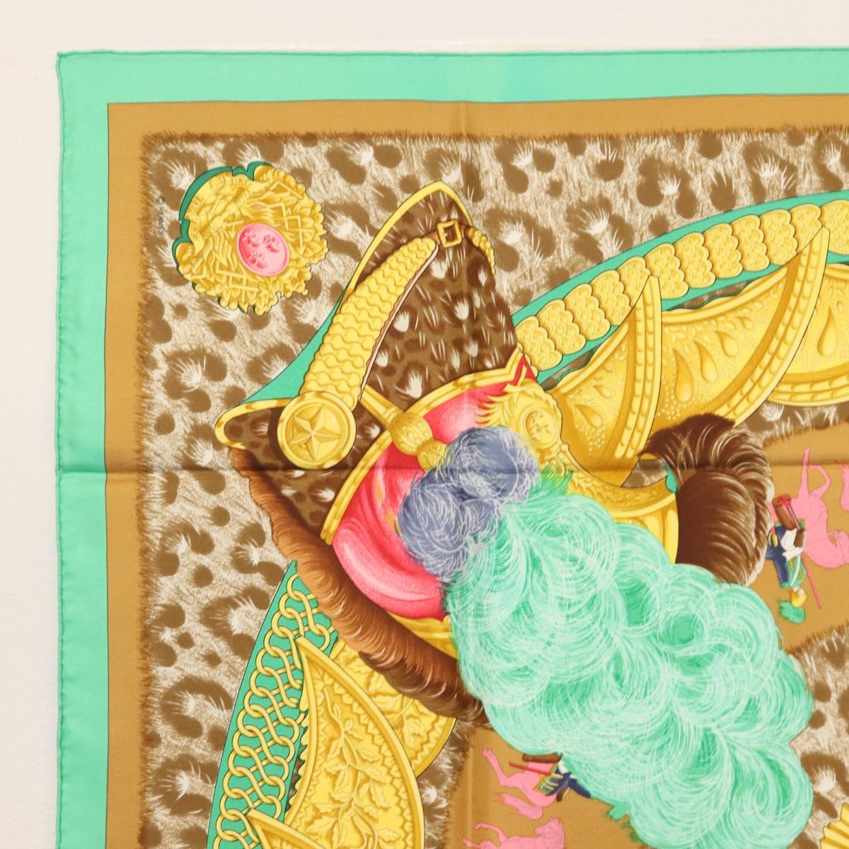 HERMES Carre 90 Scarf ""CASQUES et PLUMETS"" Silk Green Auth sw1609