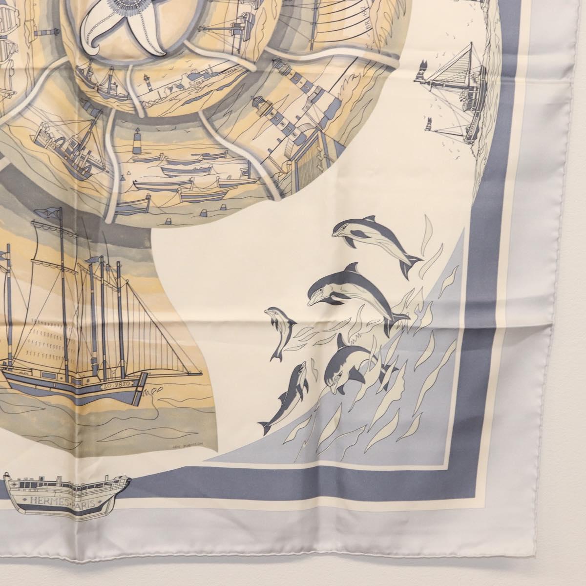 HERMES Carre 90 Scarf ""COMPAGNONS DE MER"" Silk Light Blue Auth SW1687