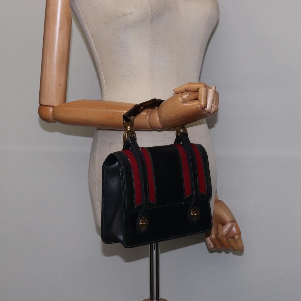 GUCCI Bamboo Sherry Line Hand Bag Leather Navy Red gold Auth SW1701